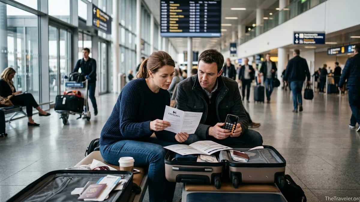 Couple at an airport checking Churchill travel insurance documents before their trip.
