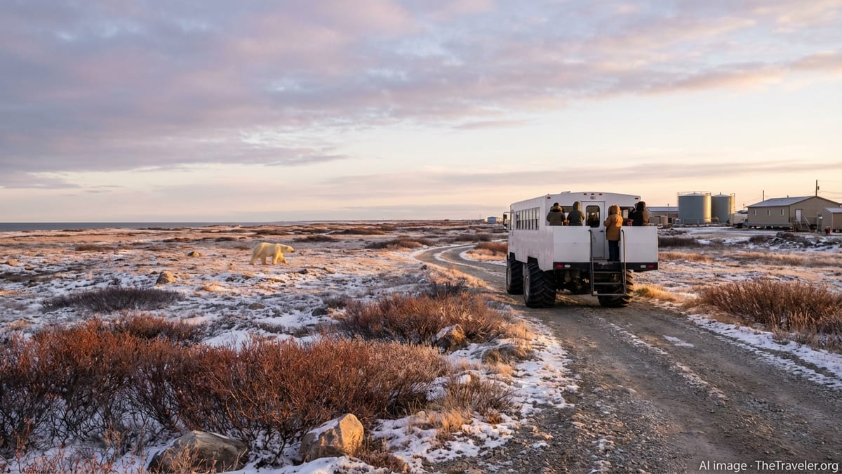 Autumn tundra near Churchill with tundra vehicle, distant polar bear and Hudson Bay at sunrise.