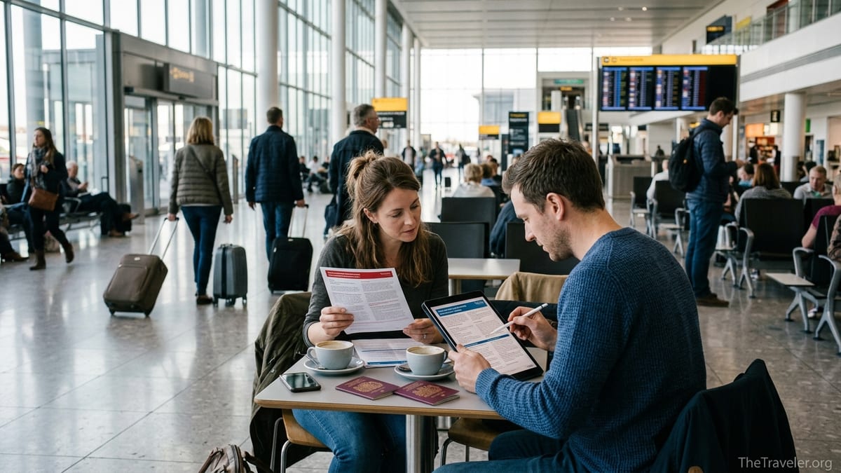Couple comparing travel insurance documents in a busy UK airport departure lounge.