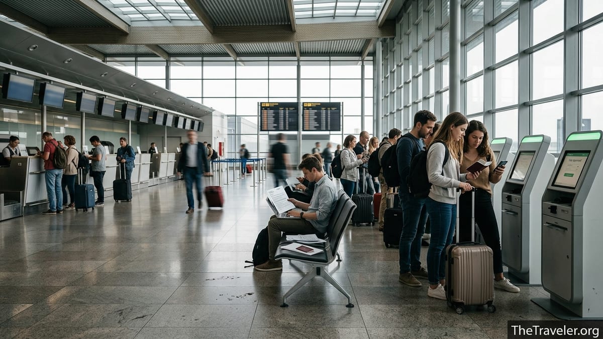 Travelers in an airport using digital tools and passports for visa checks.