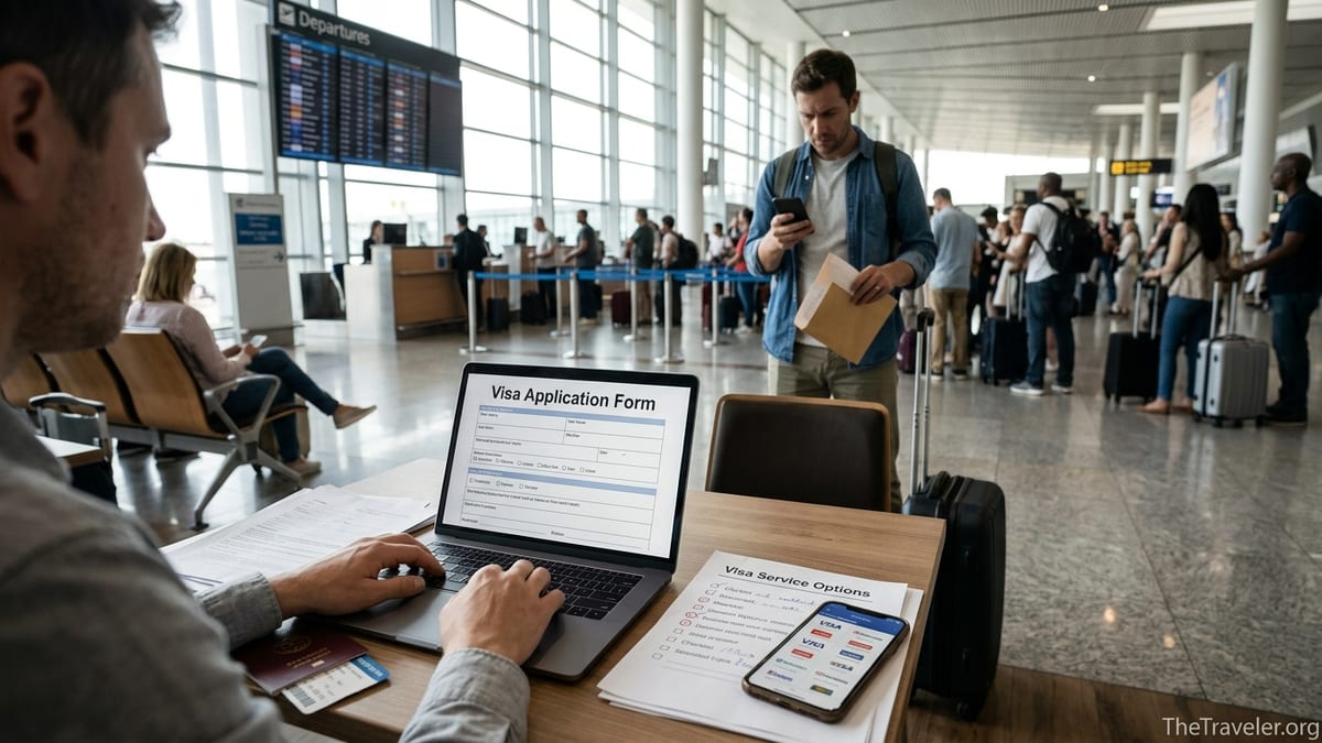 Traveler comparing visa service options on a laptop in a busy airport departures hall.