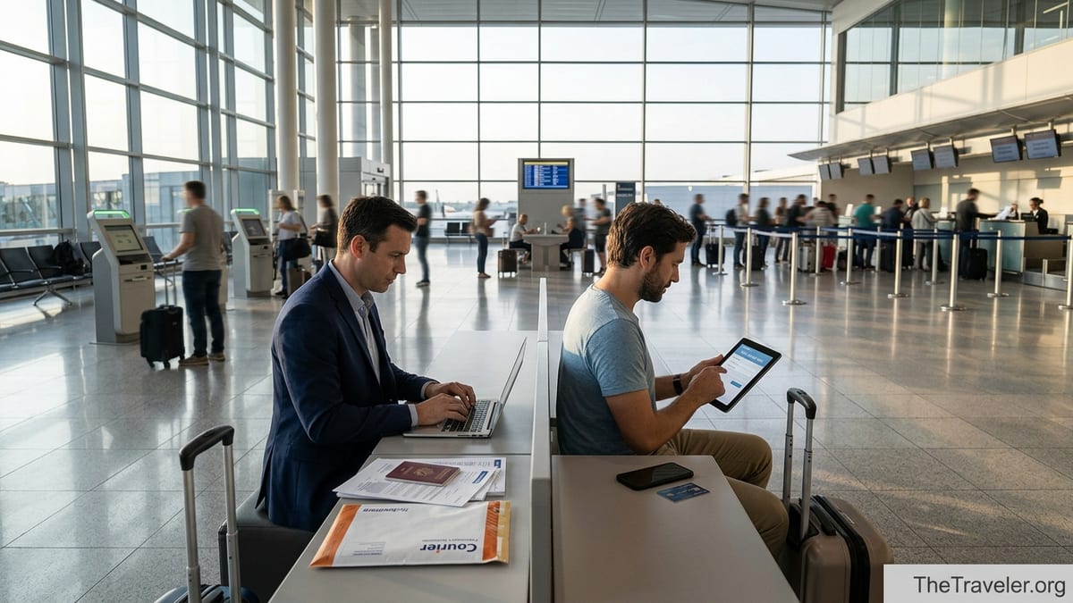 Two travelers in an airport comparing visa options on laptop and tablet at a communal table.