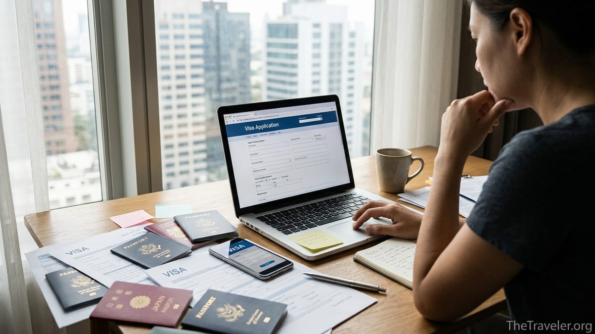Traveler comparing online visa services with passports and forms on a desk