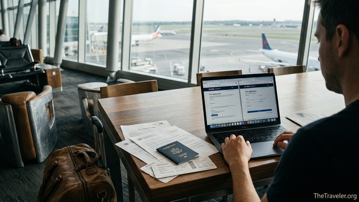 Traveler comparing online visa services on a laptop in an airport lounge.