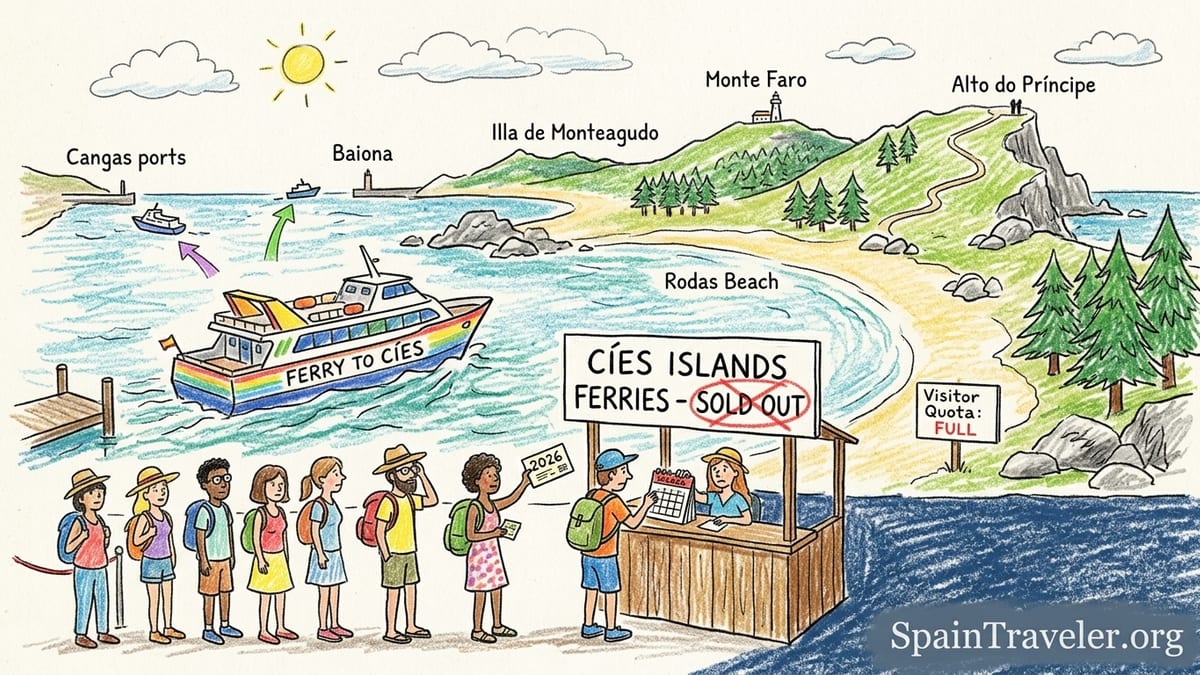 Passenger ferry approaching the Cíes Islands with view of Rodas beach and forested hills.