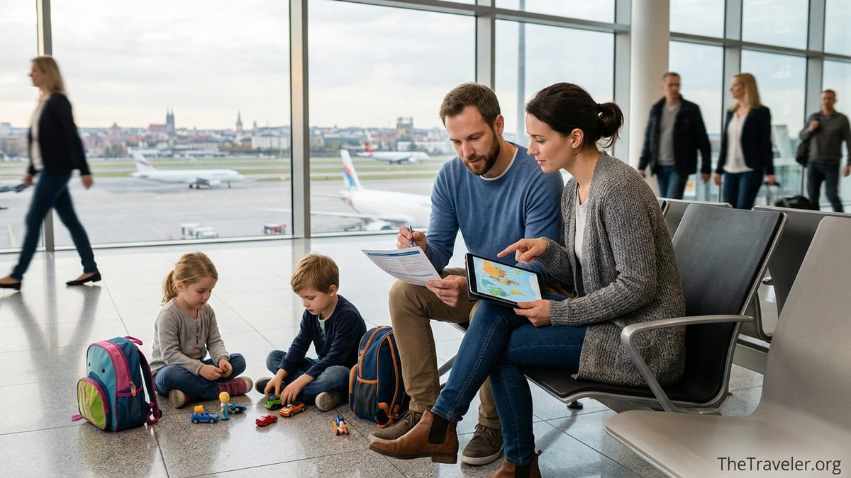 Family with children reviewing insurance papers in an airport before long-term international travel.