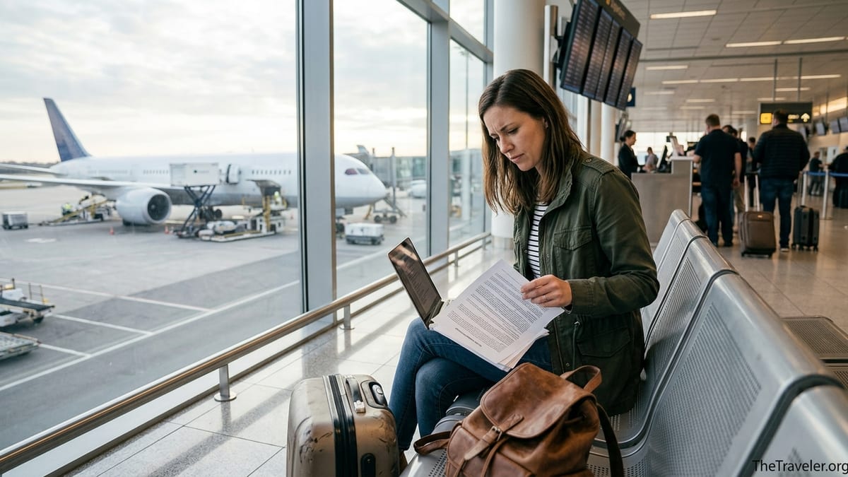 Traveler in an airport terminal reviewing insurance papers with a plane outside the window.