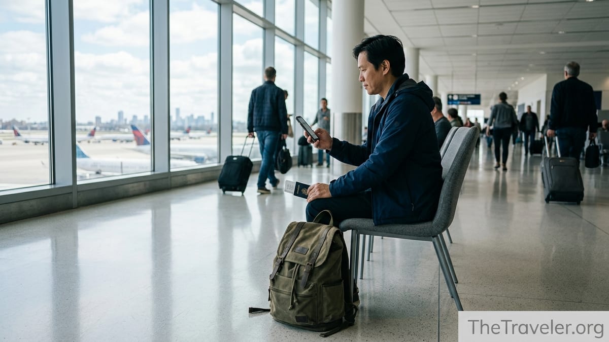 Traveler in an airport lounge reviewing insurance documents on a phone.