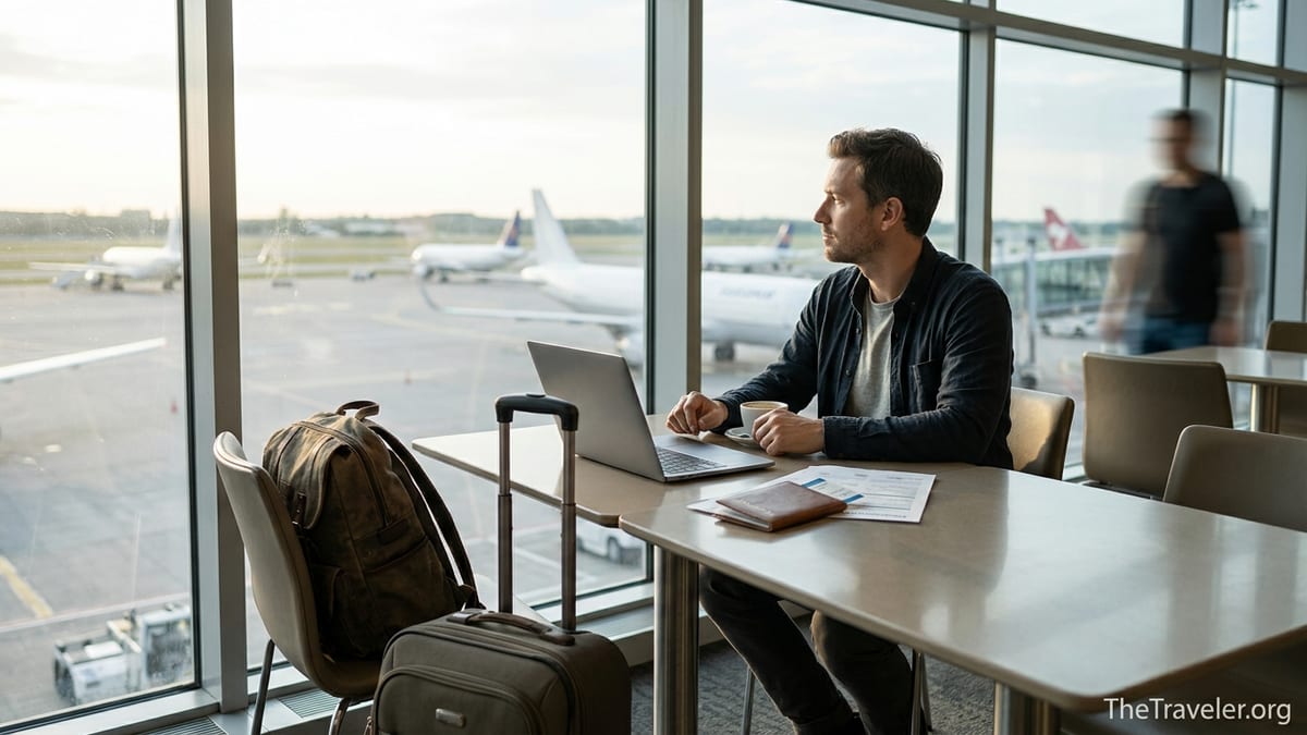 Traveler in an airport lounge comparing global insurance options on a laptop before an international flight.