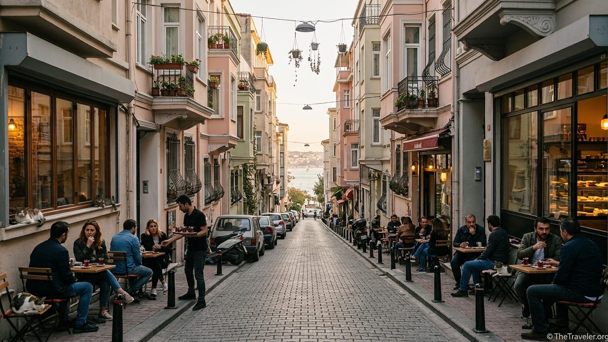 Golden-hour street with cafes, people and cats on a steep cobbled hill in Cihangir, Istanbul.