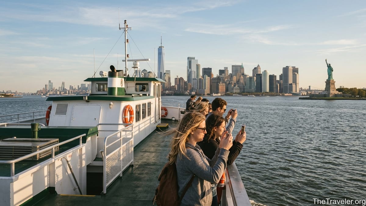 Travelers on a Circle Line boat admire the Manhattan skyline and Statue of Liberty at golden hour.