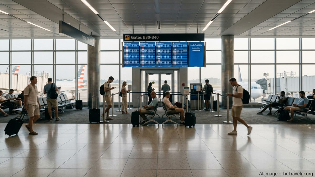 Travelers waiting at quiet transatlantic departure gates in a US airport terminal.