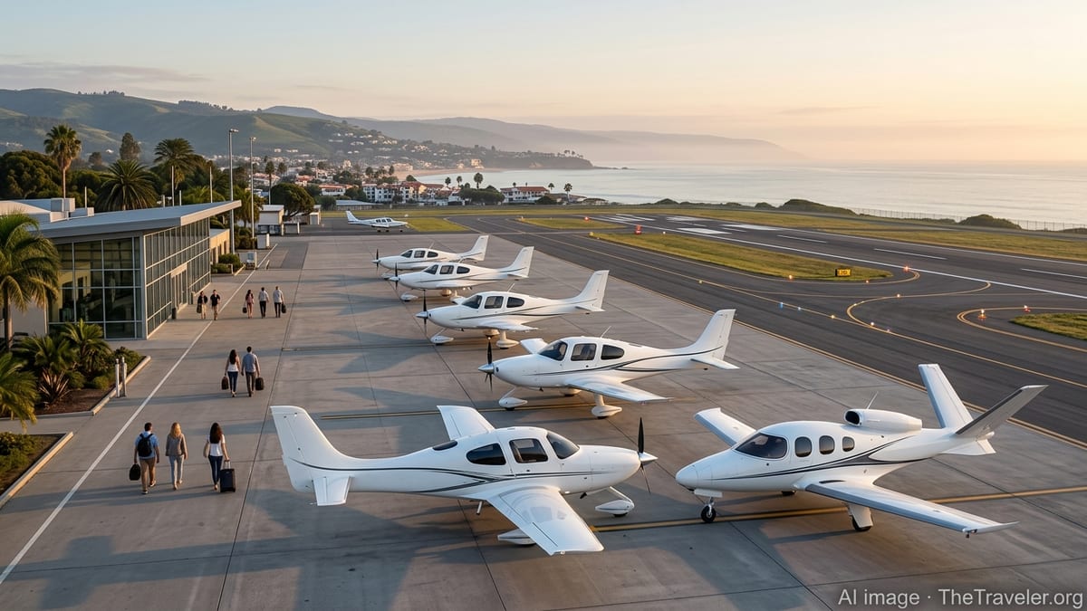Cirrus SR22 aircraft and a Vision Jet on a sunlit ramp at a coastal regional airport.