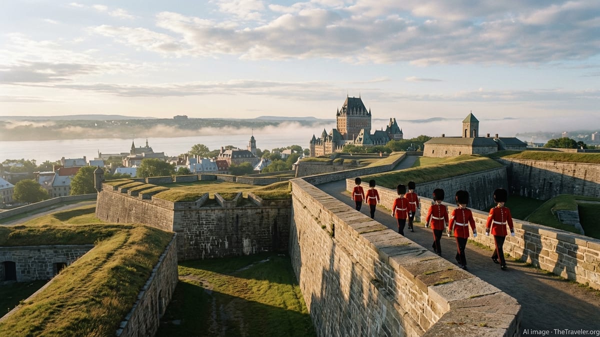 Ramparts of the Citadelle de Québec at sunrise overlooking Old Québec and the St. Lawrence River.