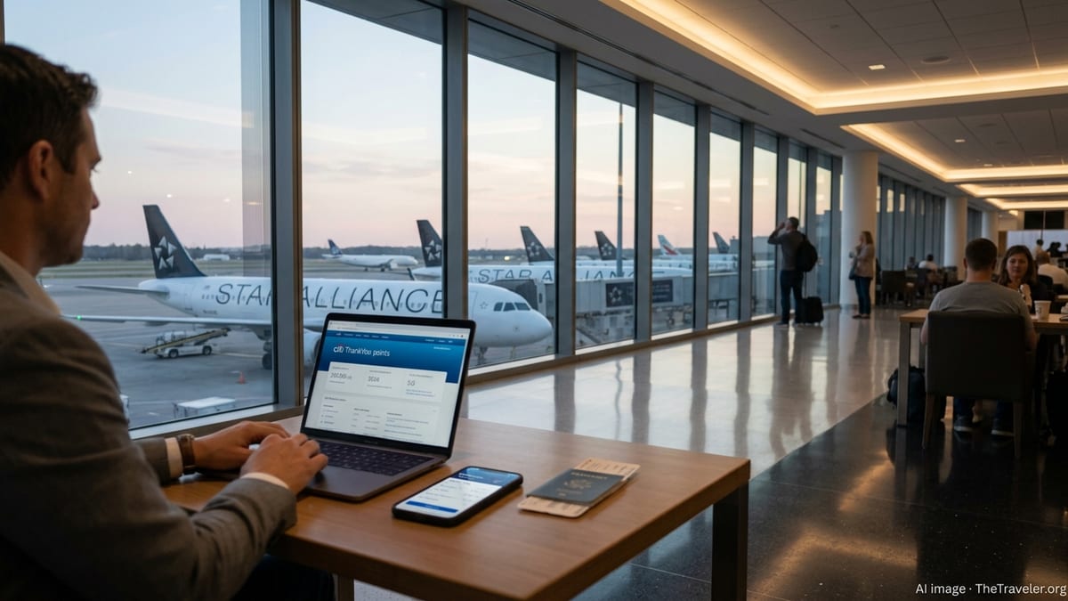 Traveler checks Citi points and Avianca LifeMiles on a laptop in an airport lounge with Star Alliance jets outside.