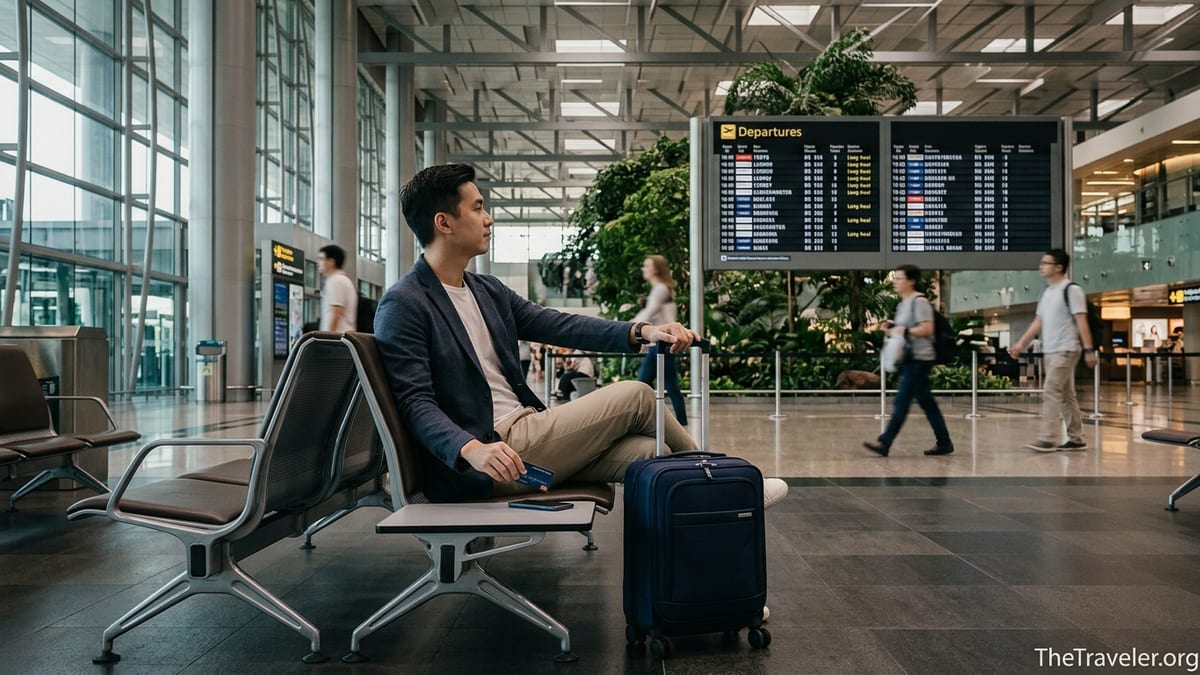 Traveler holding a credit card beside carry-on luggage in a bright airport terminal.