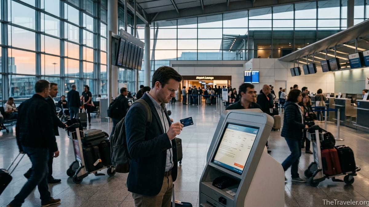 Traveler at airport check-in kiosk examining credit card costs near crowded lounge entrance.