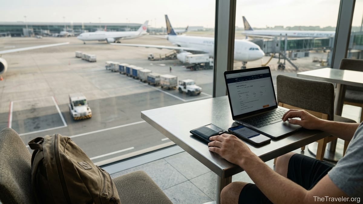 Traveller at an airport café reviewing miles and bookings with a credit card by the window.