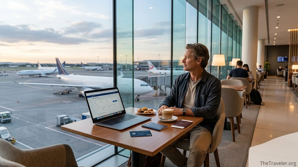 Traveler in an airport lounge using a credit card while planes sit on the tarmac at sunset.
