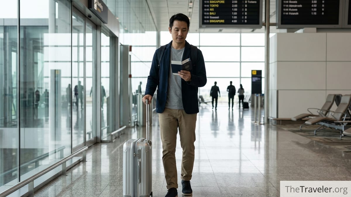 Traveler in airport holding Citi PremierMiles credit card and carry-on near boarding gate.