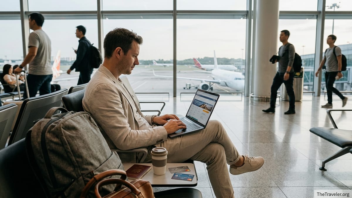 Traveler at Changi Airport comparing Citi and DBS cards beside luggage and laptop.