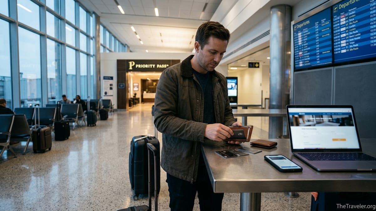 Traveler at airport table reviewing premium credit cards before booking a trip