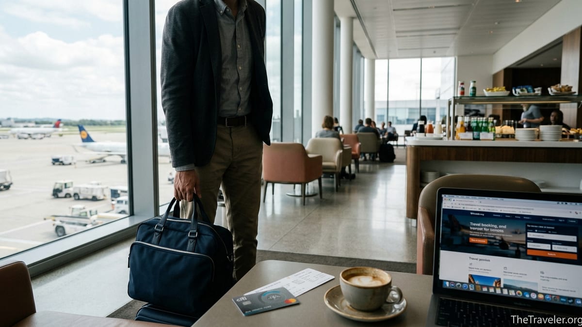 Traveler using a premium credit card in a quiet airport lounge with planes outside large windows.