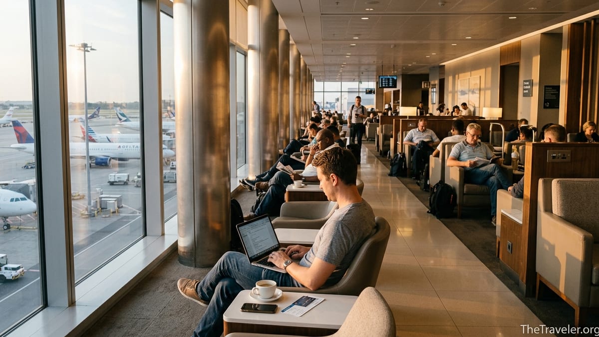 Traveler using a premium credit card in a bright airport lounge overlooking the runway.