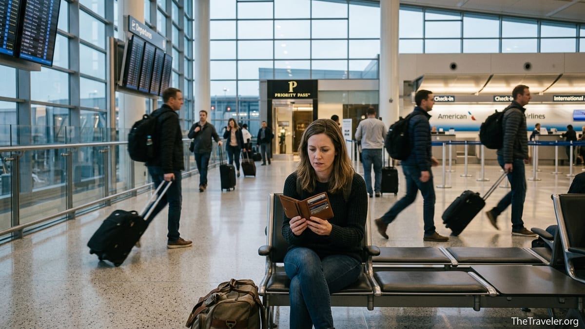 Traveler seated in a busy airport terminal looking thoughtfully at premium credit cards in a wallet.