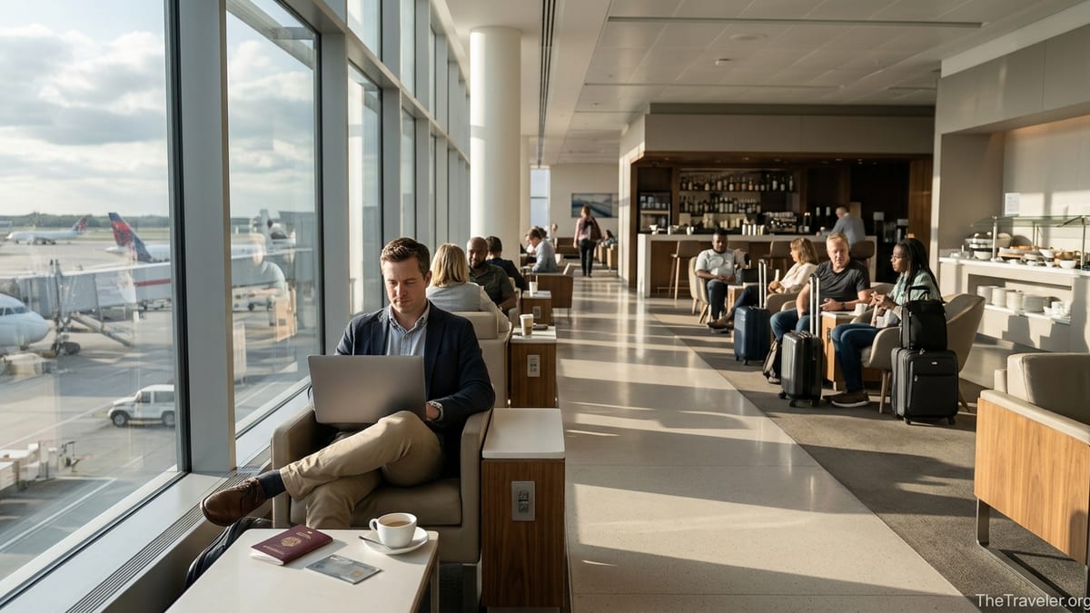 Traveler using a premium credit card in a bright airport lounge overlooking airplanes.