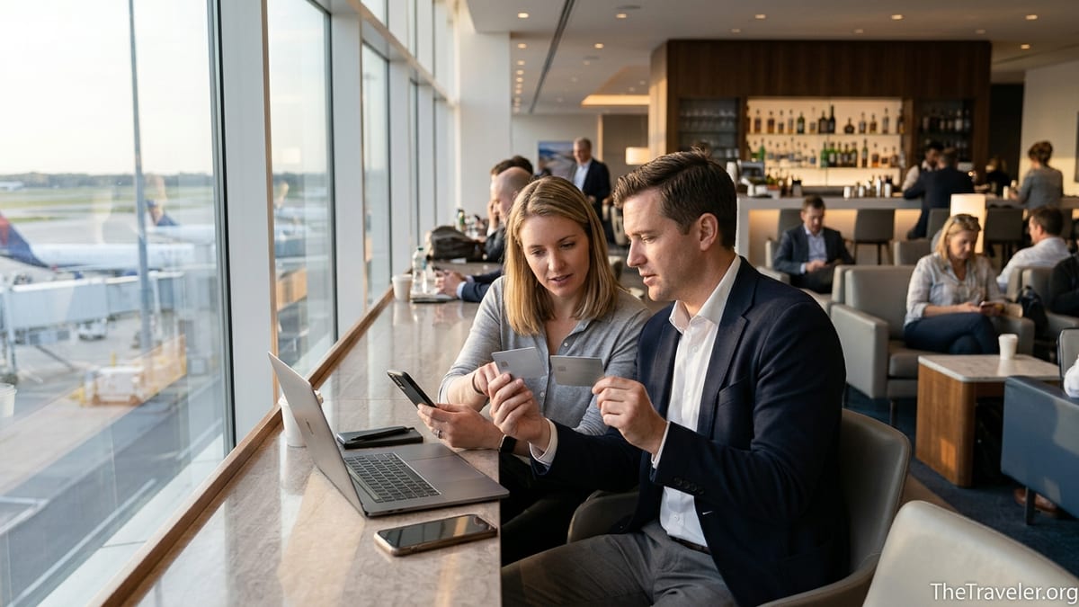 Travelers comparing two premium credit cards in an airport lounge with runway view.