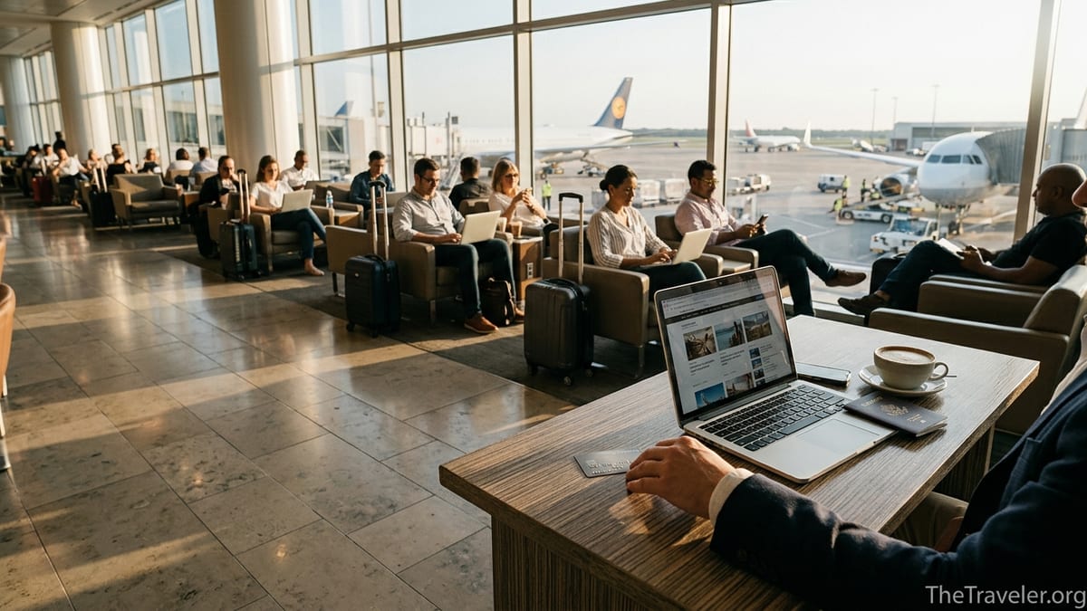 Traveler in an airport lounge placing a premium credit card beside a laptop and passport.