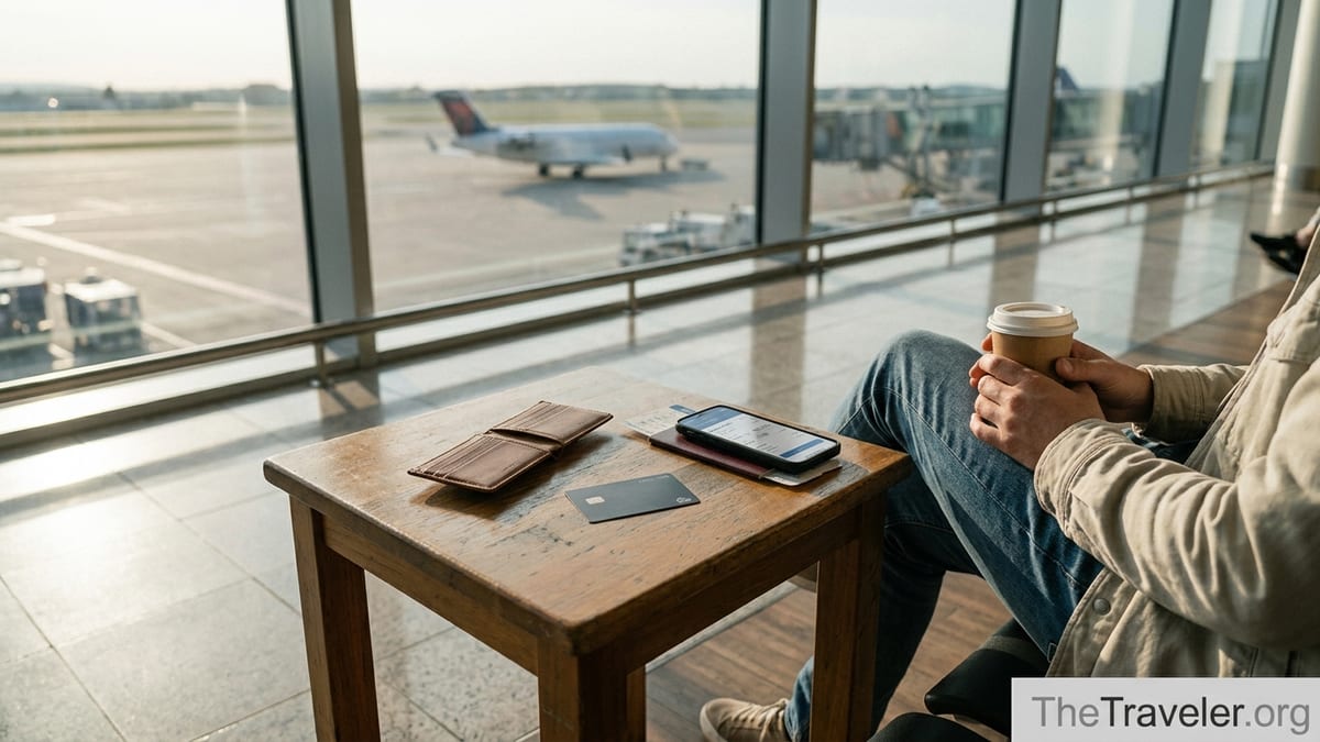 Traveler at airport table with wallet, credit card, passport, and boarding pass in afternoon light.