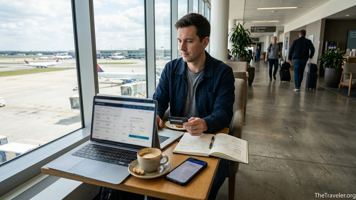 Traveler in an airport lounge reviewing credit card rewards on a laptop before a flight.