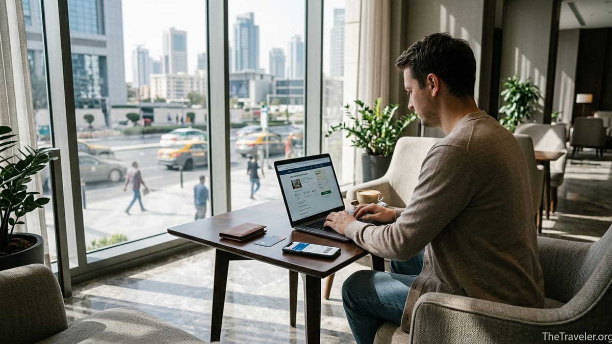 Traveler in a modern hotel lobby booking a trip online with a credit card on the table.