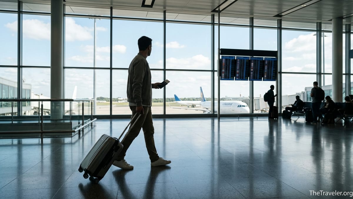 Traveler with carry-on and credit card walking through a bright airport terminal toward large windows and parked planes.
