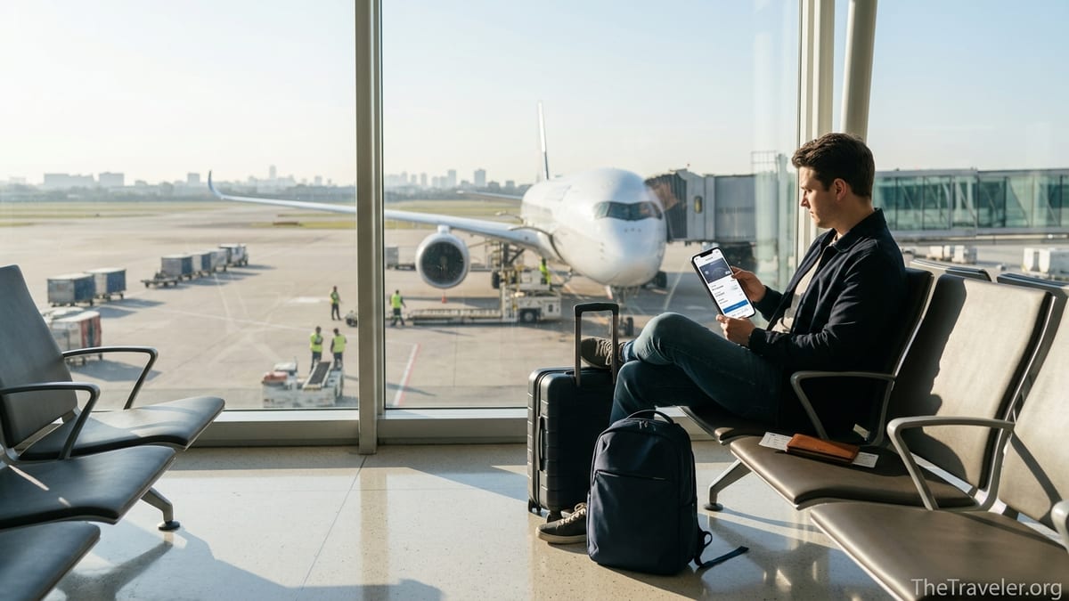 Traveler in an airport lounge checking Citi credit card rewards on phone by a window with a plane outside.