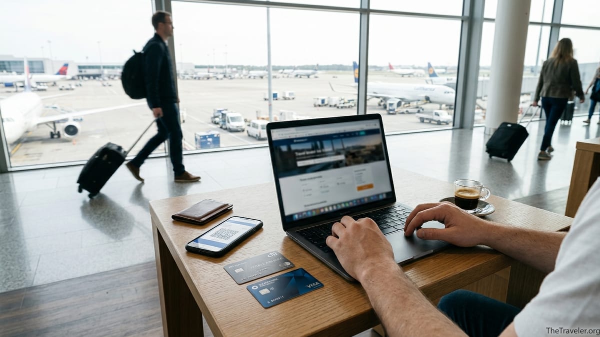 Traveler comparing two metal travel credit cards at an airport lounge table.