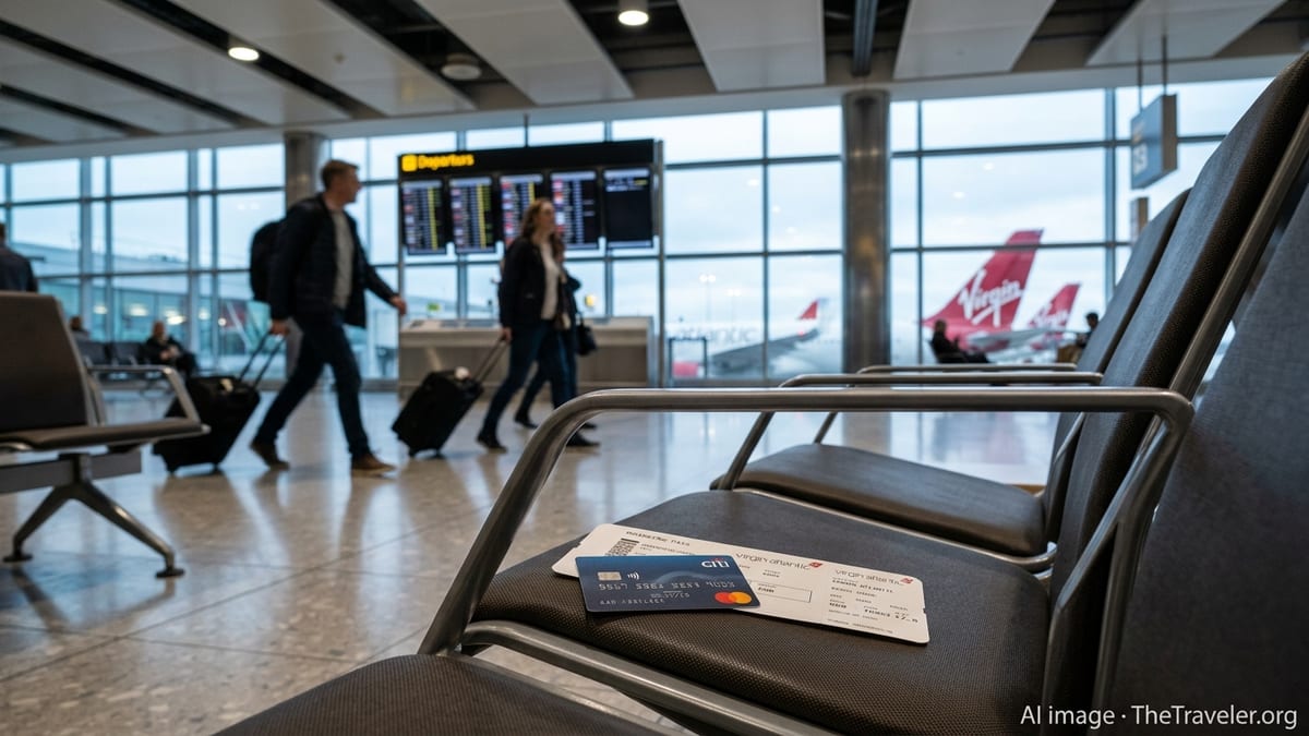 Citi credit card and Virgin Atlantic boarding pass on an airport seat with planes outside.