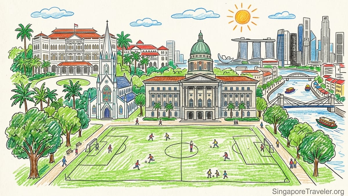 View across the Padang to National Gallery Singapore with cathedral spire and city skyline.