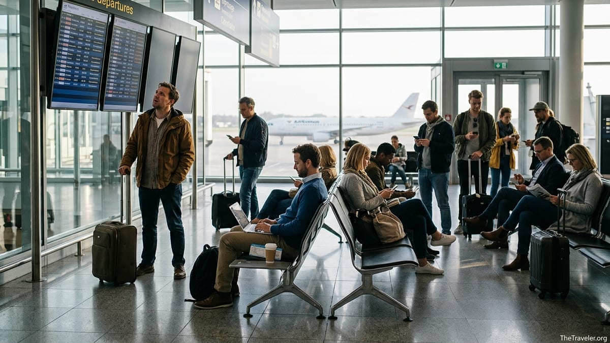Travelers in a bright airport terminal looking at a departure board with multiple flight delays.