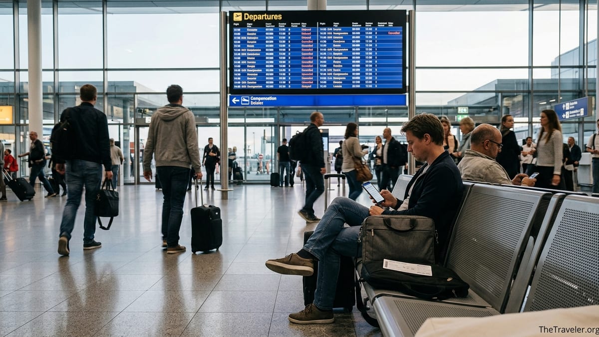 Traveler checks compensation options on phone in busy European airport after delays.