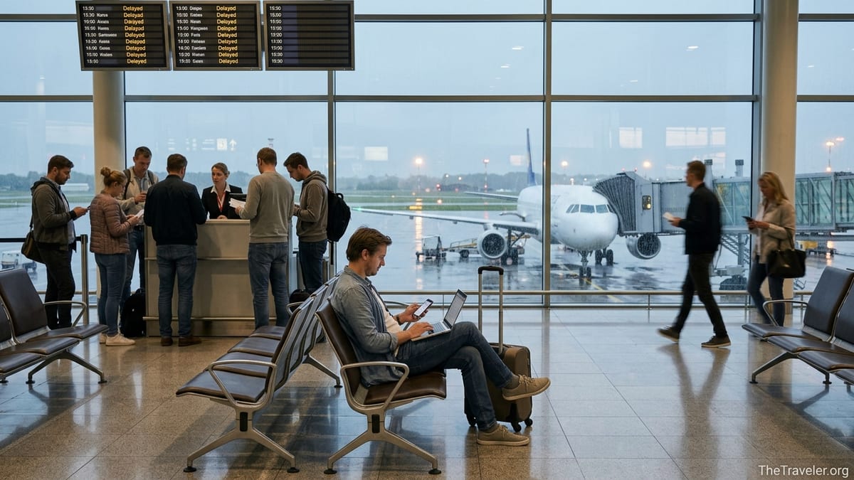 Traveler at a European airport gate checking a delayed flight on their phone.