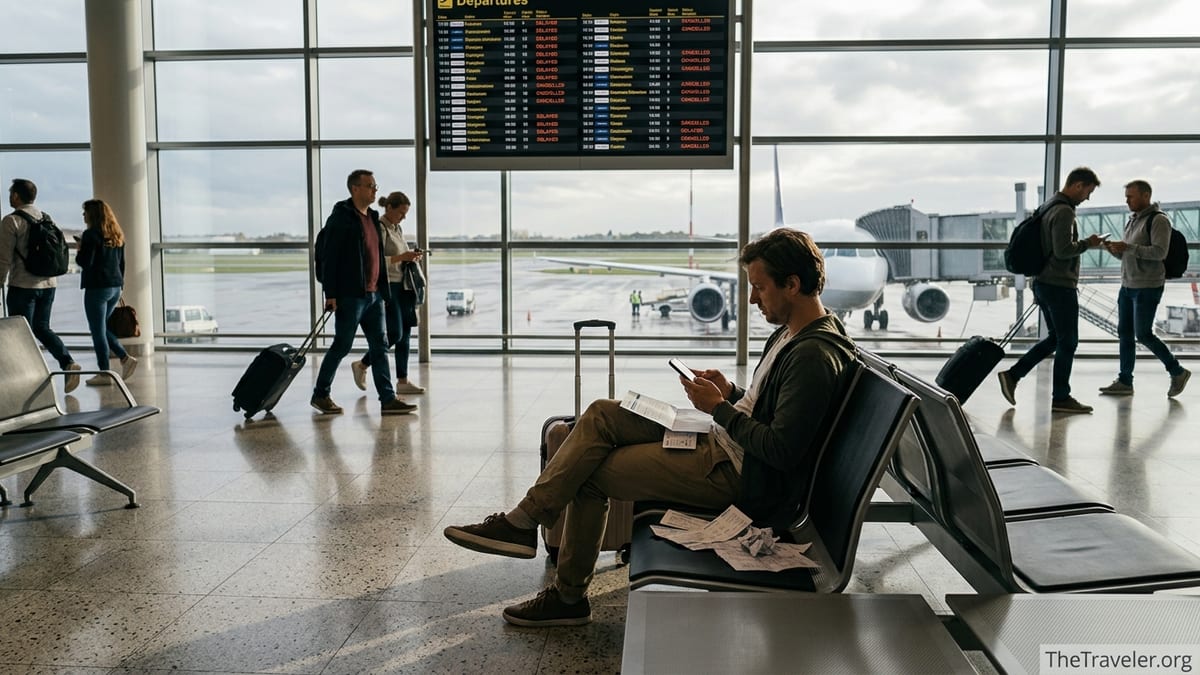 Traveler in a European airport checking flight compensation on phone after delays