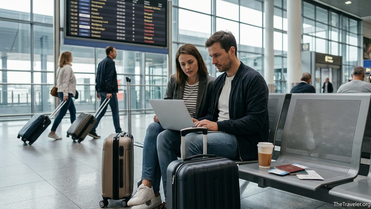 Travellers in a European airport comparing flight delay compensation on a laptop.