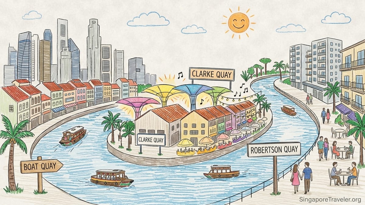 Evening view of Singapore River showing Clarke Quay, Boat Quay and Robertson Quay lit up along the waterfront.