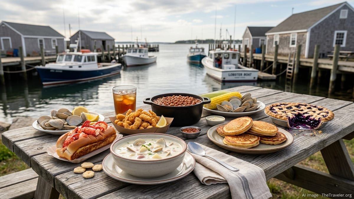Rustic harbor-side table in New England filled with chowder, lobster roll, fried clams, beans and blueberry pie.