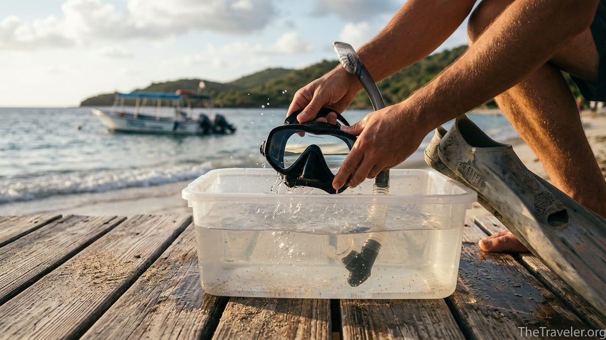 Snorkel mask, snorkel and fins being rinsed in a tub of fresh water on a beachside deck at sunset.