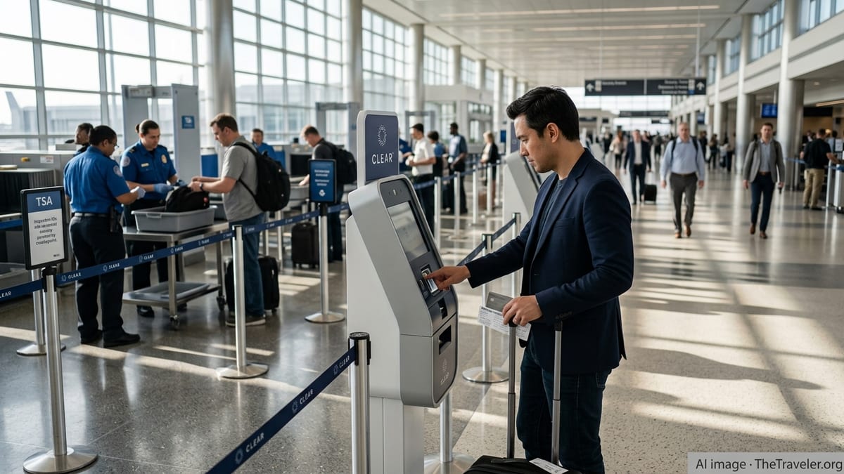 Traveler using a Clear+ biometric kiosk beside TSA lanes in a busy U.S. airport.