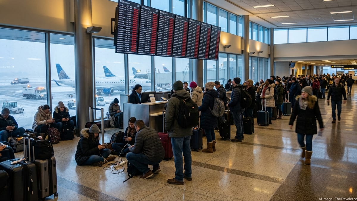 Travelers crowd the departures hall at Cleveland-Hopkins Airport as boards show multiple delayed and canceled winter flights.